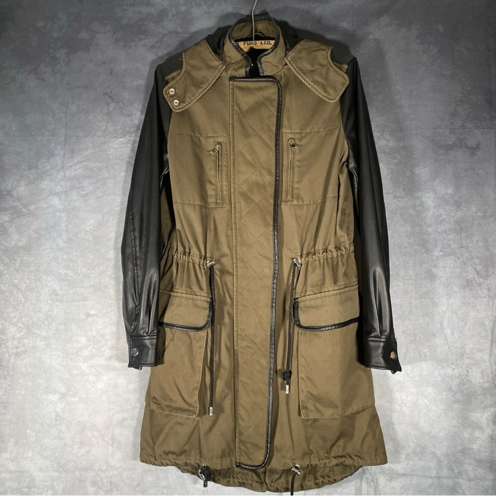 Zara Khaki / Black Jacket‎ Hooded Coat Sz XS Faux Leather Sleeves Long Military